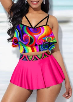 Colorful Print Rose Red High Waisted Bikini Set -Rosewe Promotion Store 296713 P 1647235712783