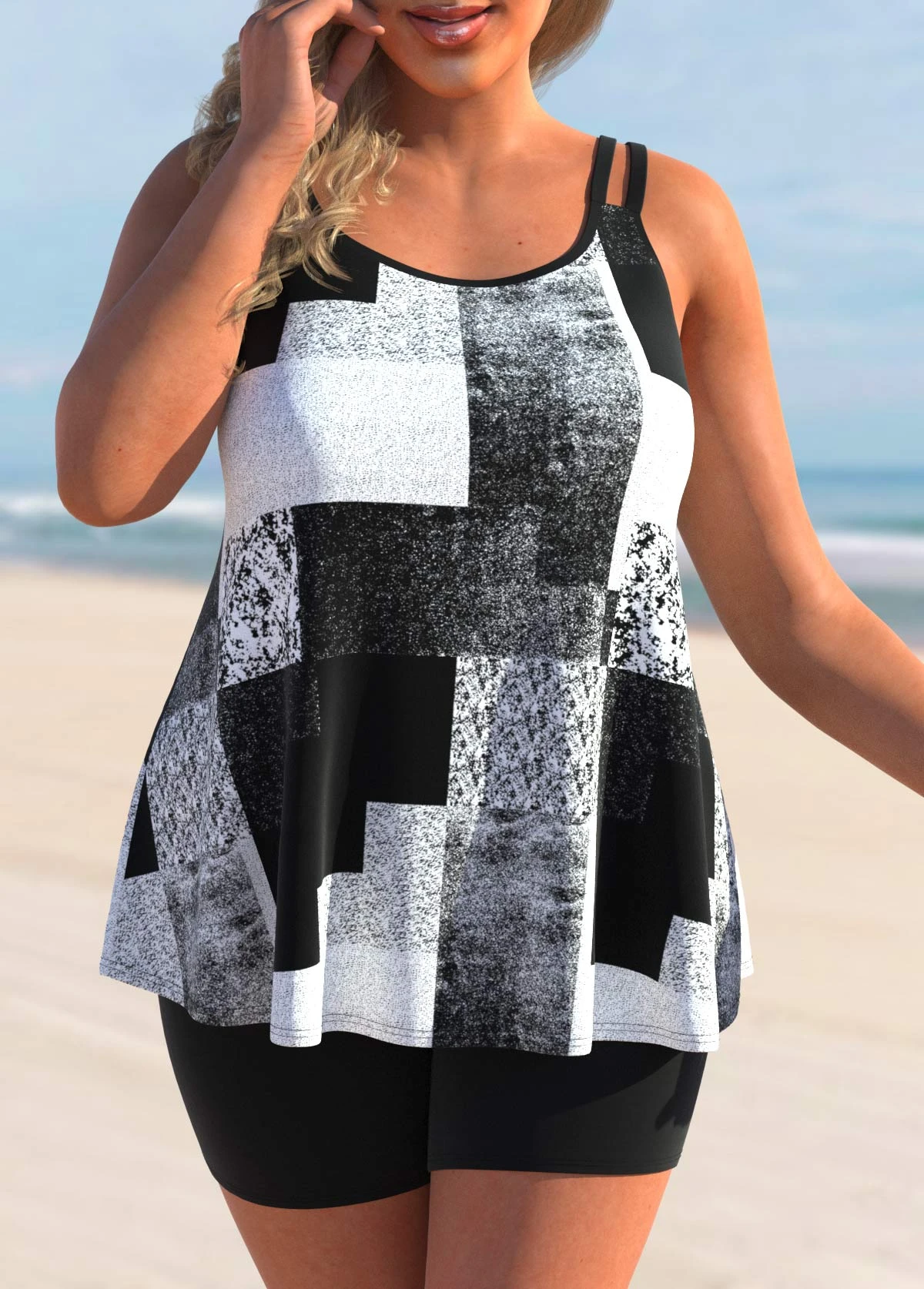 Black Geometric Print Plus Size Tankini Top-No Bottom 3 Black Geometric Print Plus Size Tankini Top-No Bottom