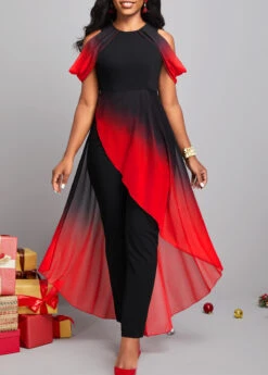 Red Ombre Asymmetric Hem Mesh Stitching Jumpsuit -Rosewe Promotion Store 297028 P 16657450862876 1