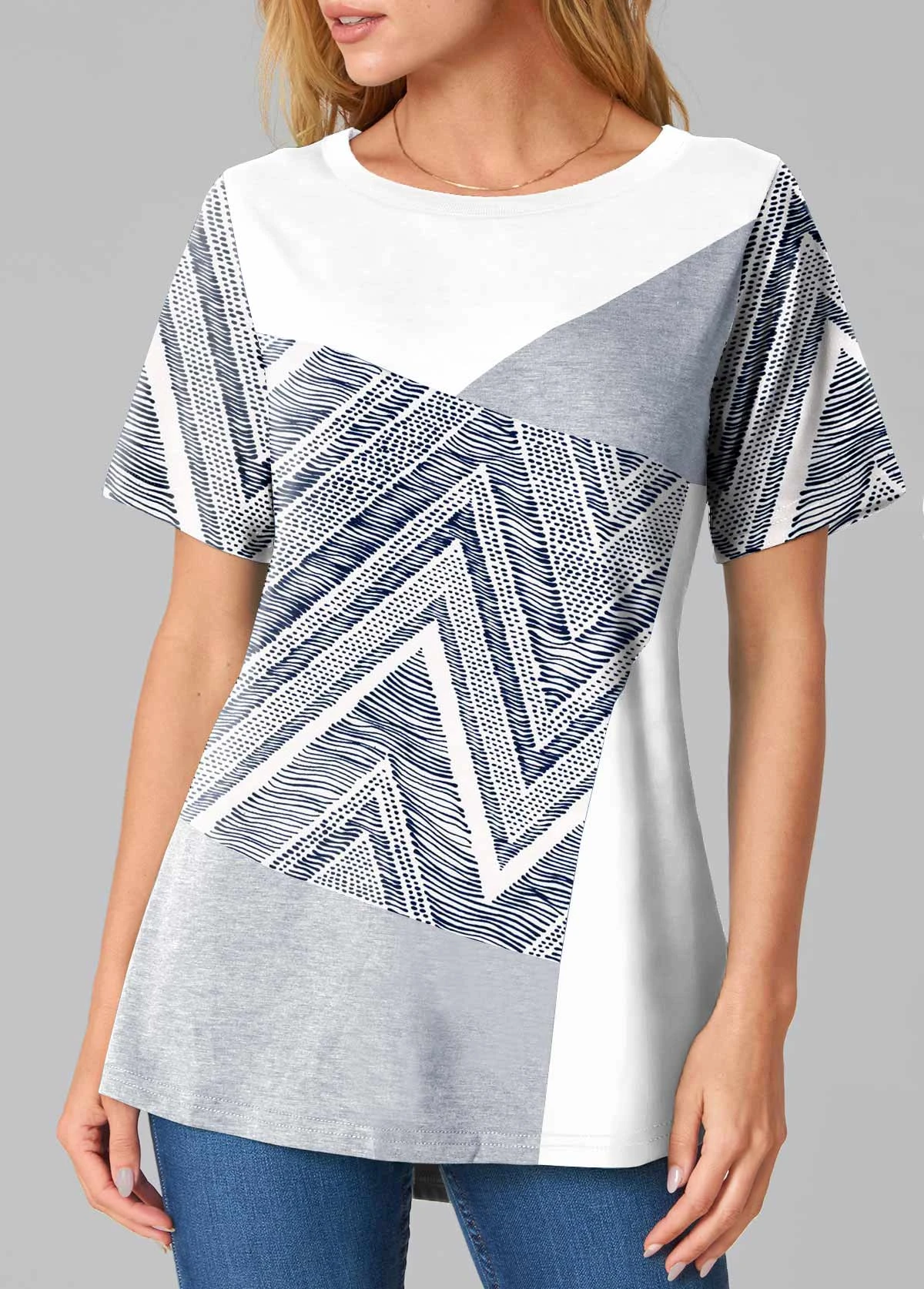 Grey Contrast Round Neck Chevron Print T Shirt 3 Grey Contrast Round Neck Chevron Print T Shirt