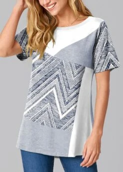 Grey Contrast Round Neck Chevron Print T Shirt 7 Grey Contrast Round Neck Chevron Print T Shirt -Rosewe Promotion Store 297043 P 1643185851511