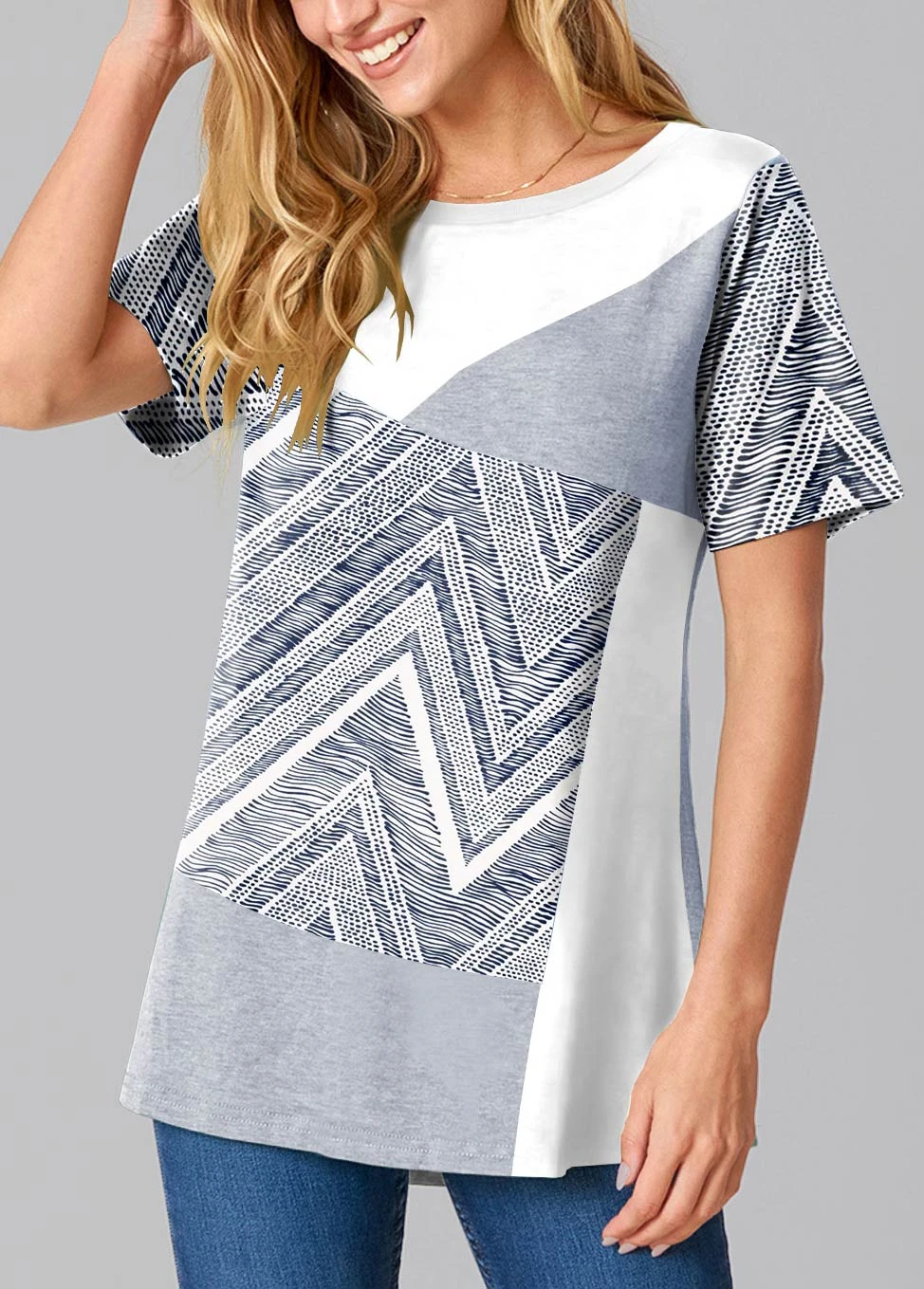 Grey Contrast Round Neck Chevron Print T Shirt 5 Grey Contrast Round Neck Chevron Print T Shirt - Image 3