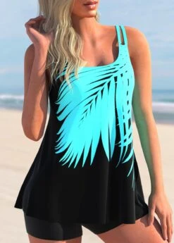 Tropical Plants Print Cyan Mid Waisted Tankini Set -Rosewe Promotion Store 297158 P 1643266770646