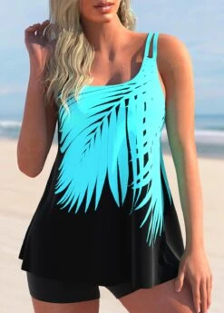 Tropical Plants Print Cyan Mid Waisted Tankini Set