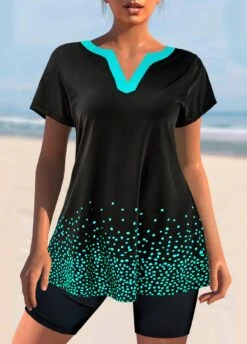 Split Neck Short Sleeve Black Tankini Set