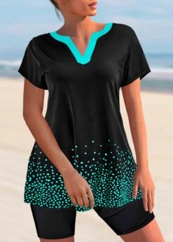 Split Neck Short Sleeve Black Tankini Set -Rosewe Promotion Store 297171 P 1644481366404
