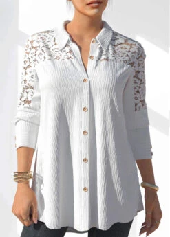 Lace Stitching Button Detail White Blouse