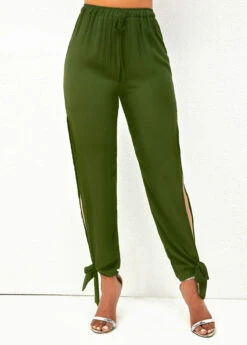 Army Green Side Slit Drawstring Waist Pants -Rosewe Promotion Store 297294 P 16444593624632