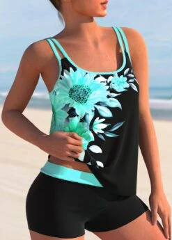 Cyan Sunflower Print Double Straps Tankini Set -Rosewe Promotion Store 297359 P 164540843637002