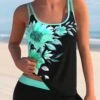 Cyan Sunflower Print Double Straps Tankini Set -Rosewe Promotion Store 297359 P 164540843638000