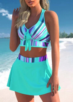 Cyan High Waist Striped Cross Strap Bikini Set -Rosewe Promotion Store 297574 P 1648111175895 1
