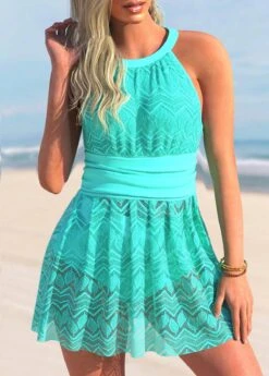 Cyan Cutout Lace Patchwork Swimdress And Shorts