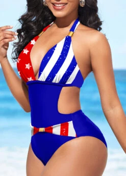 American Flag Print Color Block Halter One Piece Swimwear -Rosewe Promotion Store 298364 P 1645509802847
