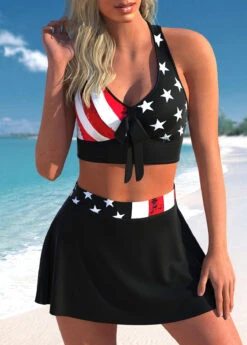 High Waisted Cross Strap American Flag Print Bikini Set