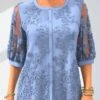 3/4 Sleeve Button Up Embroidered Light Blue Blouse -Rosewe Promotion Store 298477 P 1646033577629