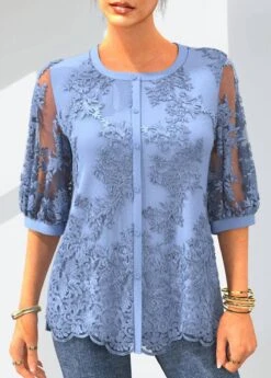 3/4 Sleeve Button Up Embroidered Light Blue Blouse