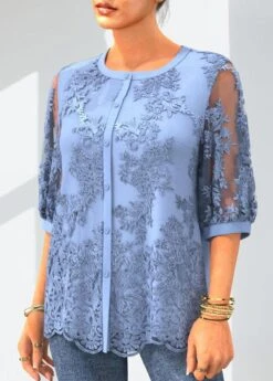 3/4 Sleeve Button Up Embroidered Light Blue Blouse -Rosewe Promotion Store 298477 P 1646033577679