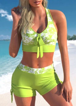 Floral Print Light Green Cross Strap Bikini Set