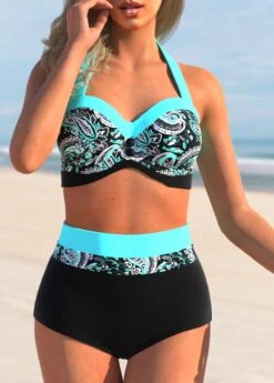 Cyan Paisley Print High Waisted Bikini Set