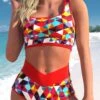 Geometric Print Red High Waisted Bikini Set