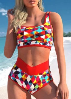 Geometric Print Red High Waisted Bikini Set