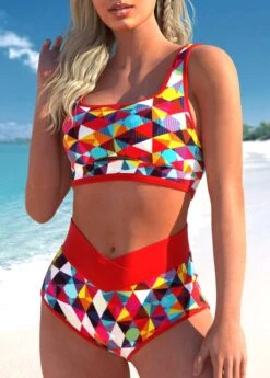 Geometric Print Red High Waisted Bikini Set -Rosewe Promotion Store 298915 P 1646035613901