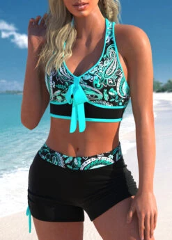 Cyan Paisley Print Bowknot Drawstring Bikini Set -Rosewe Promotion Store 298931 P 1646029856766