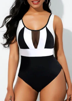 Mesh Stitching Monochrome Color Block One Piece Swimwear
