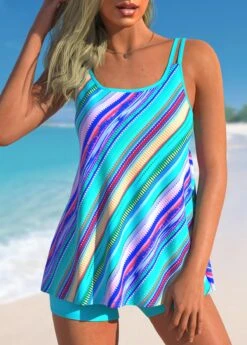 Double Straps Stripe Print Cyan Tankini Set