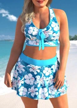 Cyan Plus Size Floral Print High Waisted Bikini Set