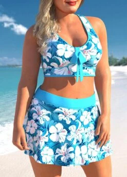 Cyan Plus Size Floral Print High Waisted Bikini Set -Rosewe Promotion Store 299057 P 1646116165468