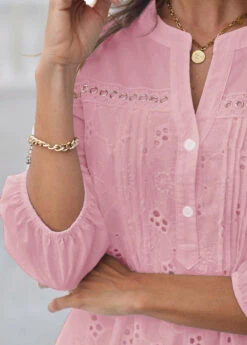 Hollow Embroidery Crinkle Chest Light Pink Blouse -Rosewe Promotion Store 299180 P 16484563150795