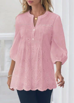 Hollow Embroidery Crinkle Chest Light Pink Blouse