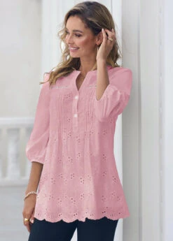 Hollow Embroidery Crinkle Chest Light Pink Blouse -Rosewe Promotion Store 299180 P 16484563157002