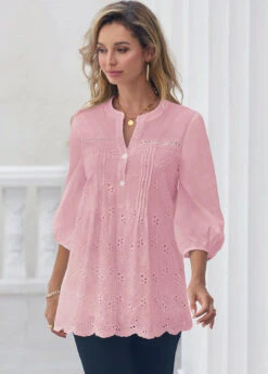 Hollow Embroidery Crinkle Chest Light Pink Blouse -Rosewe Promotion Store 299180 P 16484563159113