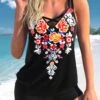 Floral Print Cross Strap Black Tankini Top-No Bottom -Rosewe Promotion Store 299239 P 1646292091468