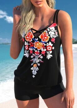 Floral Print Cross Strap Black Tankini Top-No Bottom -Rosewe Promotion Store 299239 P 1646292092410
