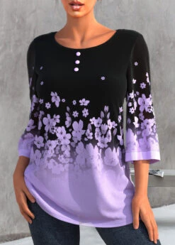 Ombre Floral Print Light Purple T Shirt -Rosewe Promotion Store 299281 P 1646373544311