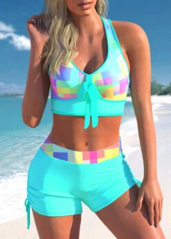Bowknot Cross Strap Rainbow Color Plaid Bikini Set