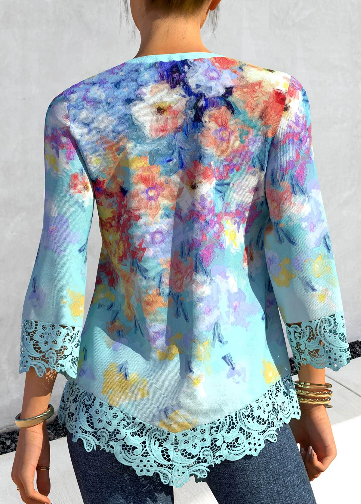 Light Blue Floral Print Asymmetric Hem Blouse 4 Light Blue Floral Print Asymmetric Hem Blouse - Image 2