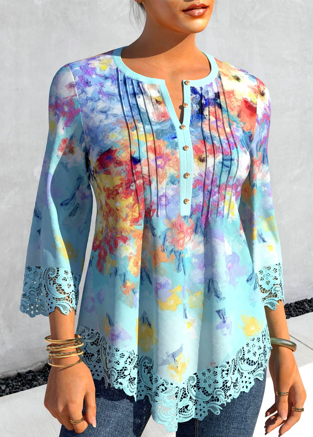 Light Blue Floral Print Asymmetric Hem Blouse 5 Light Blue Floral Print Asymmetric Hem Blouse - Image 3