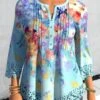 Light Blue Floral Print Asymmetric Hem Blouse -Rosewe Promotion Store 299565 P 1646640894942