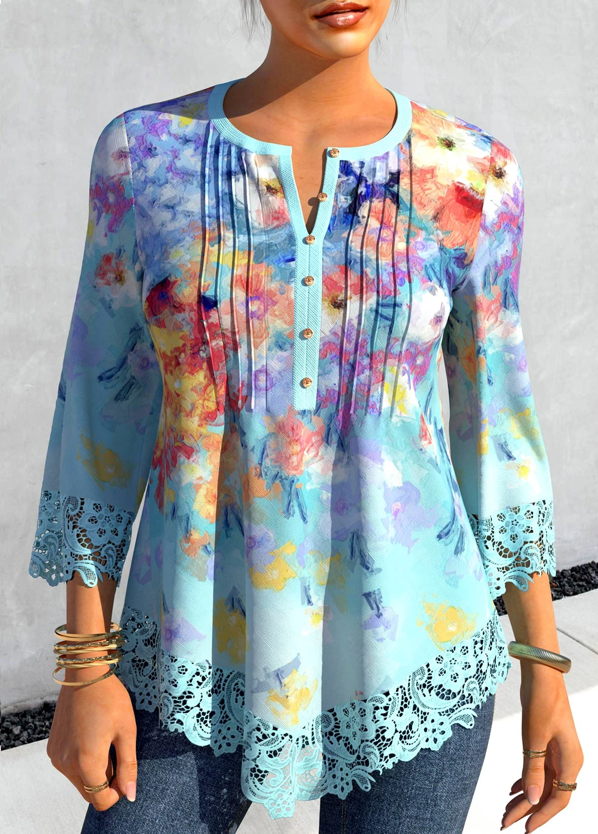 Light Blue Floral Print Asymmetric Hem Blouse 3 Light Blue Floral Print Asymmetric Hem Blouse