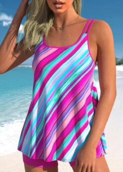 Hot Pink Double Straps Stripe Print Tankini Set 7 Hot Pink Double Straps Stripe Print Tankini Set -Rosewe Promotion Store 299596 P 1646647005721