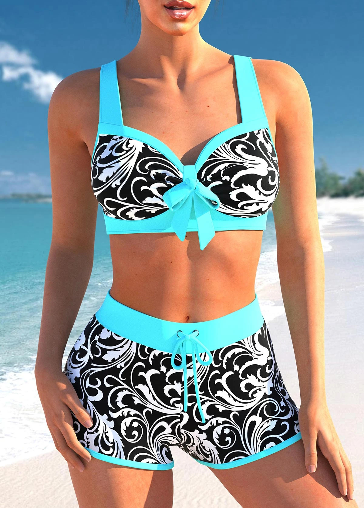 Cyan Contrast Stitch Floral Print Bikini Set 3 Cyan Contrast Stitch Floral Print Bikini Set
