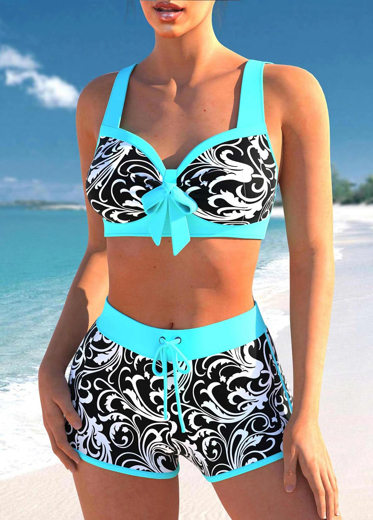 Cyan Contrast Stitch Floral Print Bikini Set 5 Cyan Contrast Stitch Floral Print Bikini Set - Image 3