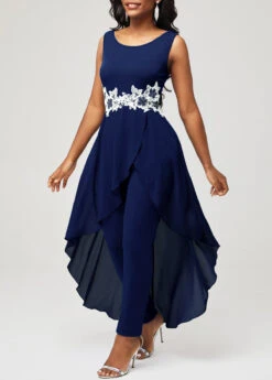 Lace Stitching Faux Two Piece Navy Blue Jumpsuit