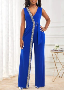 Sequin Sapphire Blue V Neck Jumpsuit