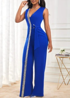 Sequin Sapphire Blue V Neck Jumpsuit -Rosewe Promotion Store 299852 P 16613366241832