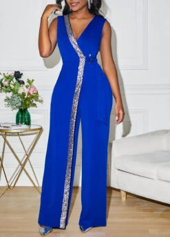 Sequin Sapphire Blue V Neck Jumpsuit -Rosewe Promotion Store 299852 P 16613366241884